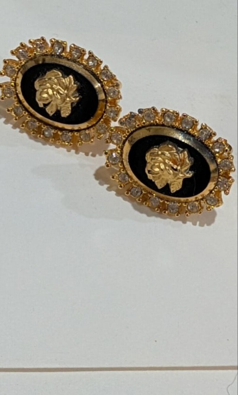 Vintage Clip On Earrings Gold Tone Rose Intaglio Rhinestone  CELEBRITY NY